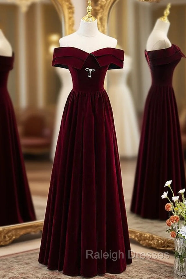 Burgundy Velvet Off the Shoulder Prom Dress