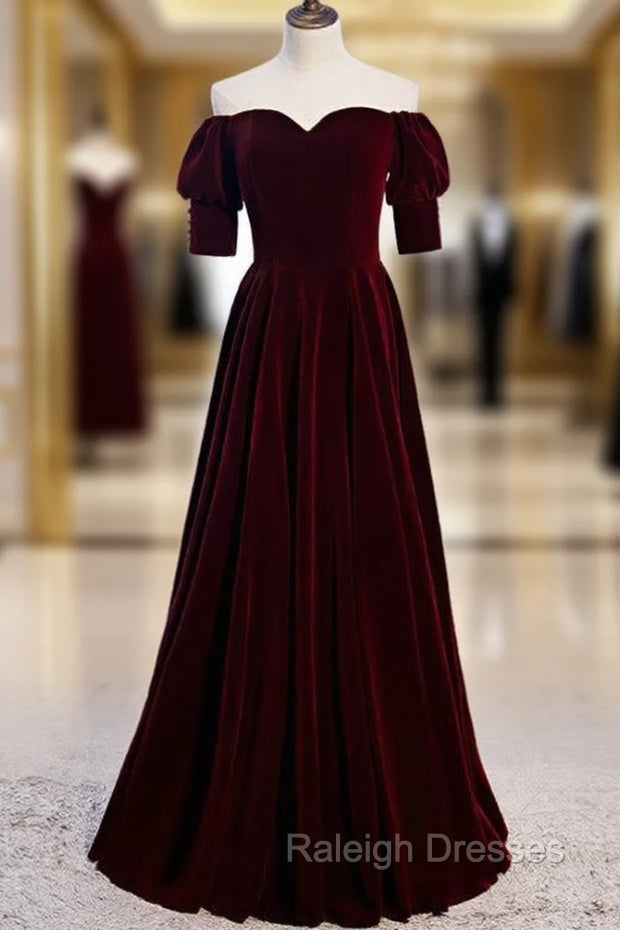 Burgundy Velvet Off the Shoulder Short Sleeve Prom Dress