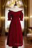 Burgundy Velvet Off the Shoulder Short Sleeve Tea Length Prom Dress