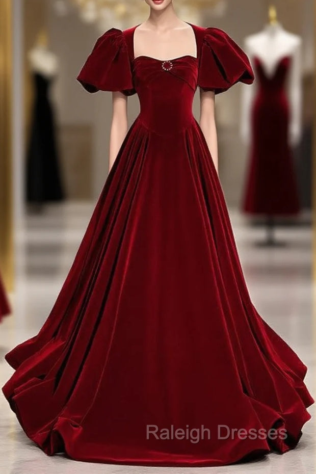 Burgundy Velvet Puff Sleeve Backless Beading Prom Dress Main image