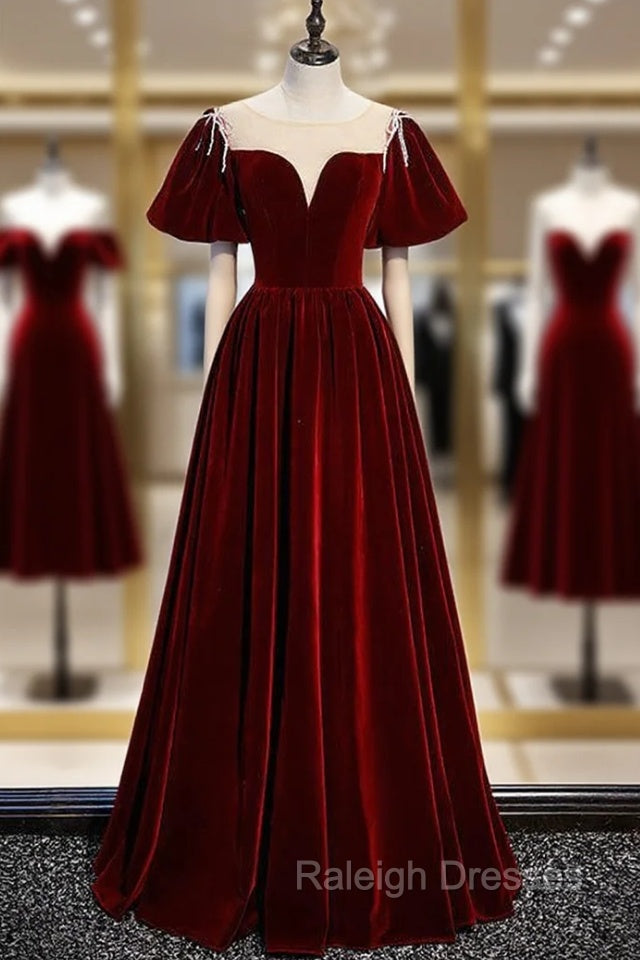 Burgundy Velvet Puff Sleeve Beading Prom Dress Main image