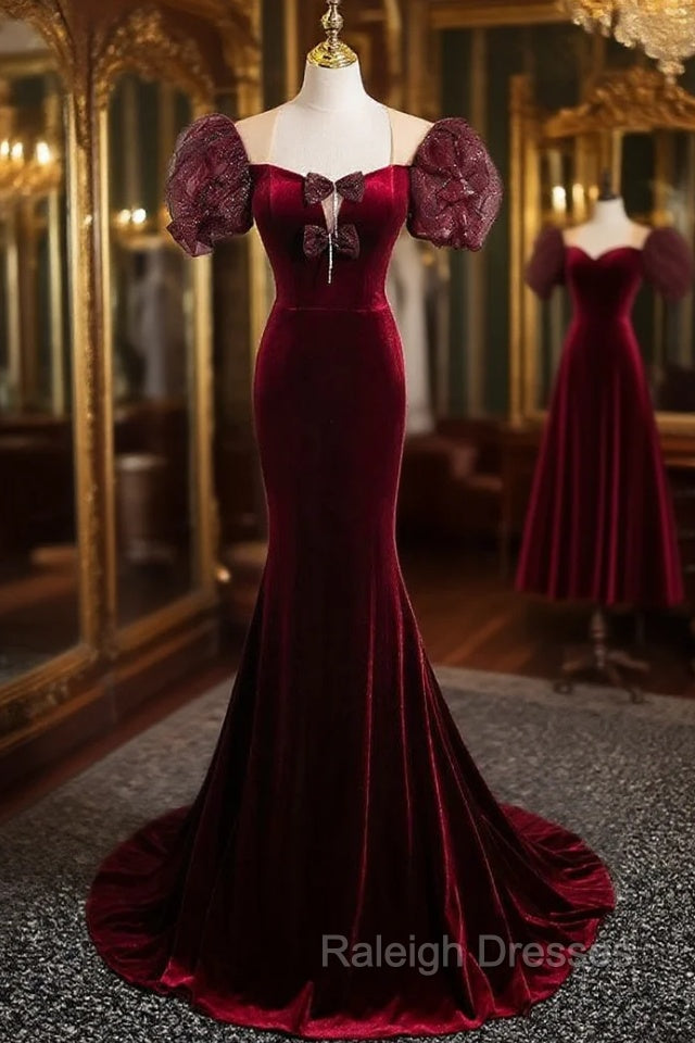 Burgundy Velvet Puff Sleeve Bow Prom Dress Main image