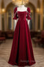 Burgundy Velvet Puff Sleeve Pearls Prom Dress