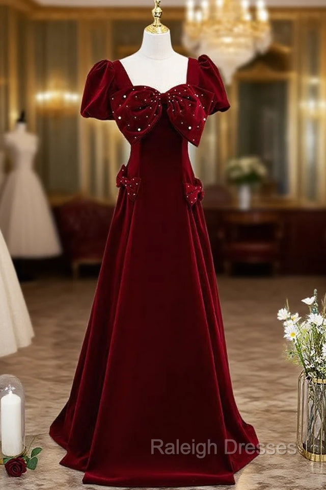 Burgundy Velvet Puff Sleeve Prom Dress With Bow Main image