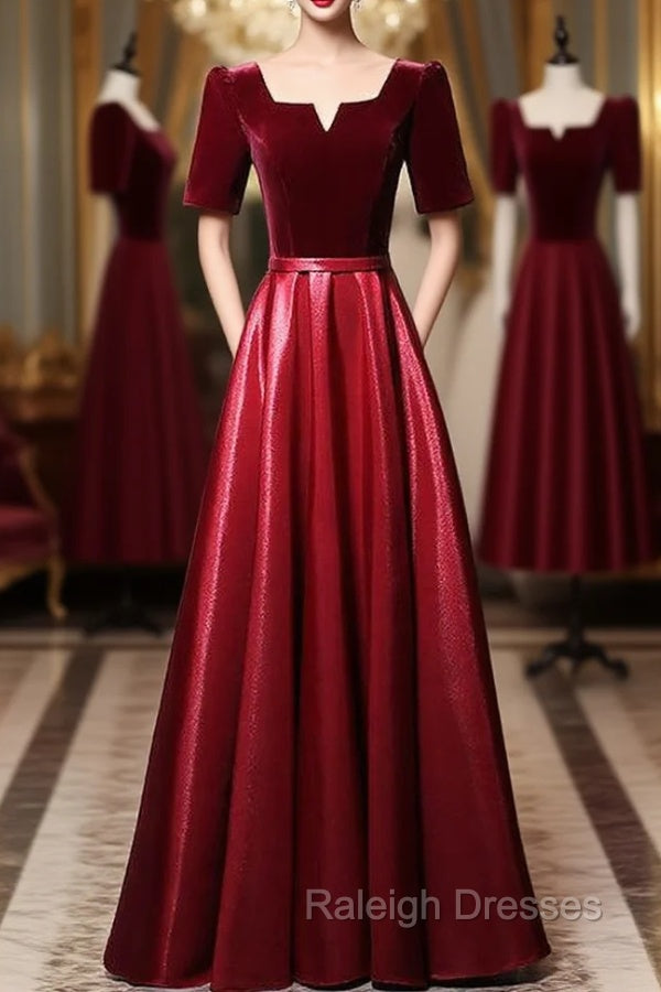 Burgundy Velvet Satin Short Sleeve Prom Dress Main image