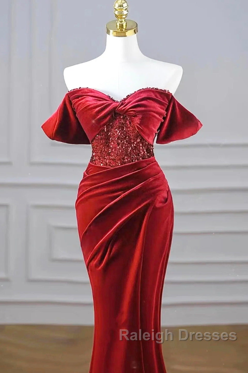 Burgundy Velvet Sequins Long Prom Dress, Mermaid Off The Shoulder Party Dress With Slit Secondary image