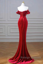 Burgundy Velvet Sequins Long Prom Dress, Mermaid Off The Shoulder Party Dress With Slit