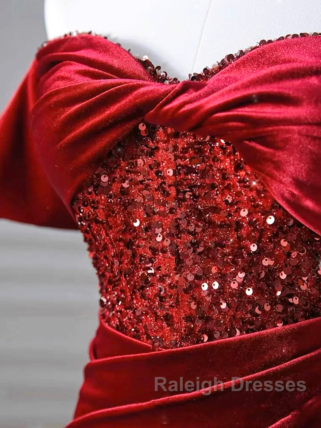 Burgundy Velvet Sequins Long Prom Dress, Mermaid Off The Shoulder Party Dress With Slit