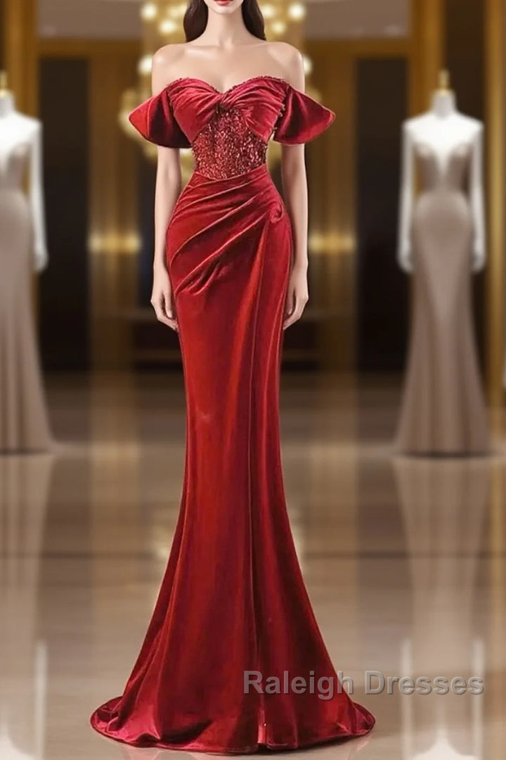 Burgundy Velvet Sequins Long Prom Dresses Mermaid Off The Shoulder Prom Dresses With Slit Main image