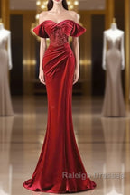 Burgundy Velvet Sequins Long Prom Dresses Mermaid Off The Shoulder Prom Dresses With Slit