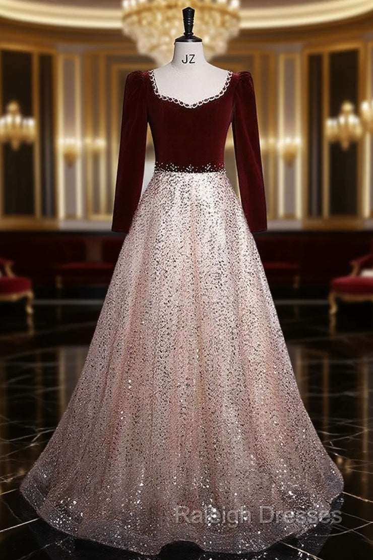 Burgundy Velvet Sequins Long Sleeve Beading Prom Dress