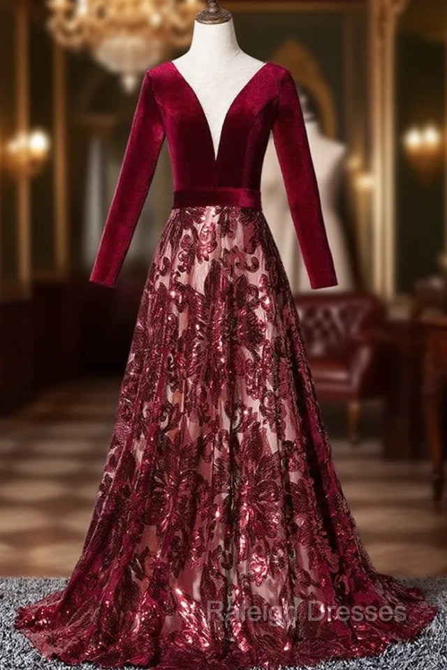 Burgundy Velvet Sequins Long Sleeve See Though V-neck Prom Dress
