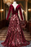 Burgundy Velvet Sequins Long Sleeve See Though V-neck Prom Dress