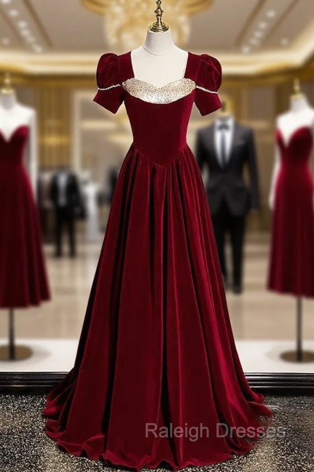 Burgundy Velvet Sequins Square Short Sleeve Prom Dress