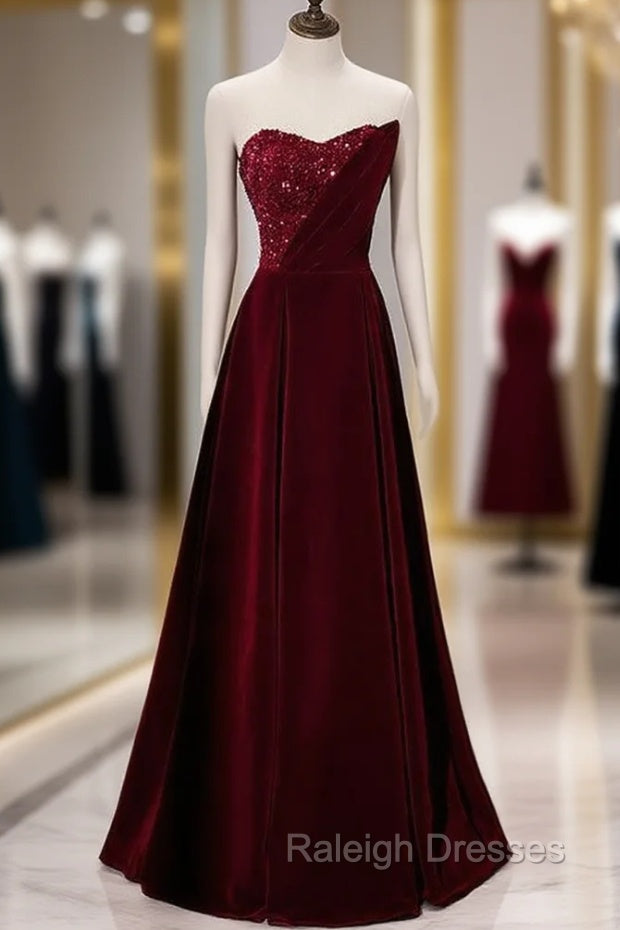 Burgundy Velvet Sequins Strapless Prom Dress Main image
