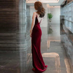 Burgundy Velvet Sexy Mermaid Slit Long Evening Dress, Backless Prom Dress Party Dress