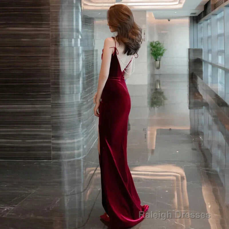 Burgundy Velvet Sexy Mermaid Slit Long Prom Dress, Backless Prom Dress Secondary image