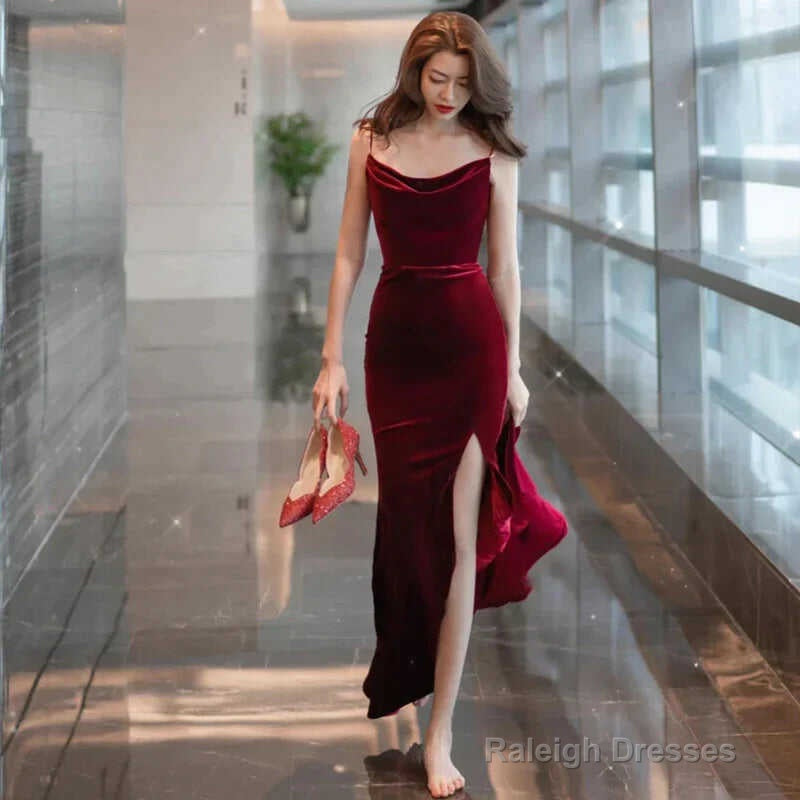 Burgundy Velvet Sexy Mermaid Slit Long Evening Dress, Backless Prom Dress Party Dress Main image