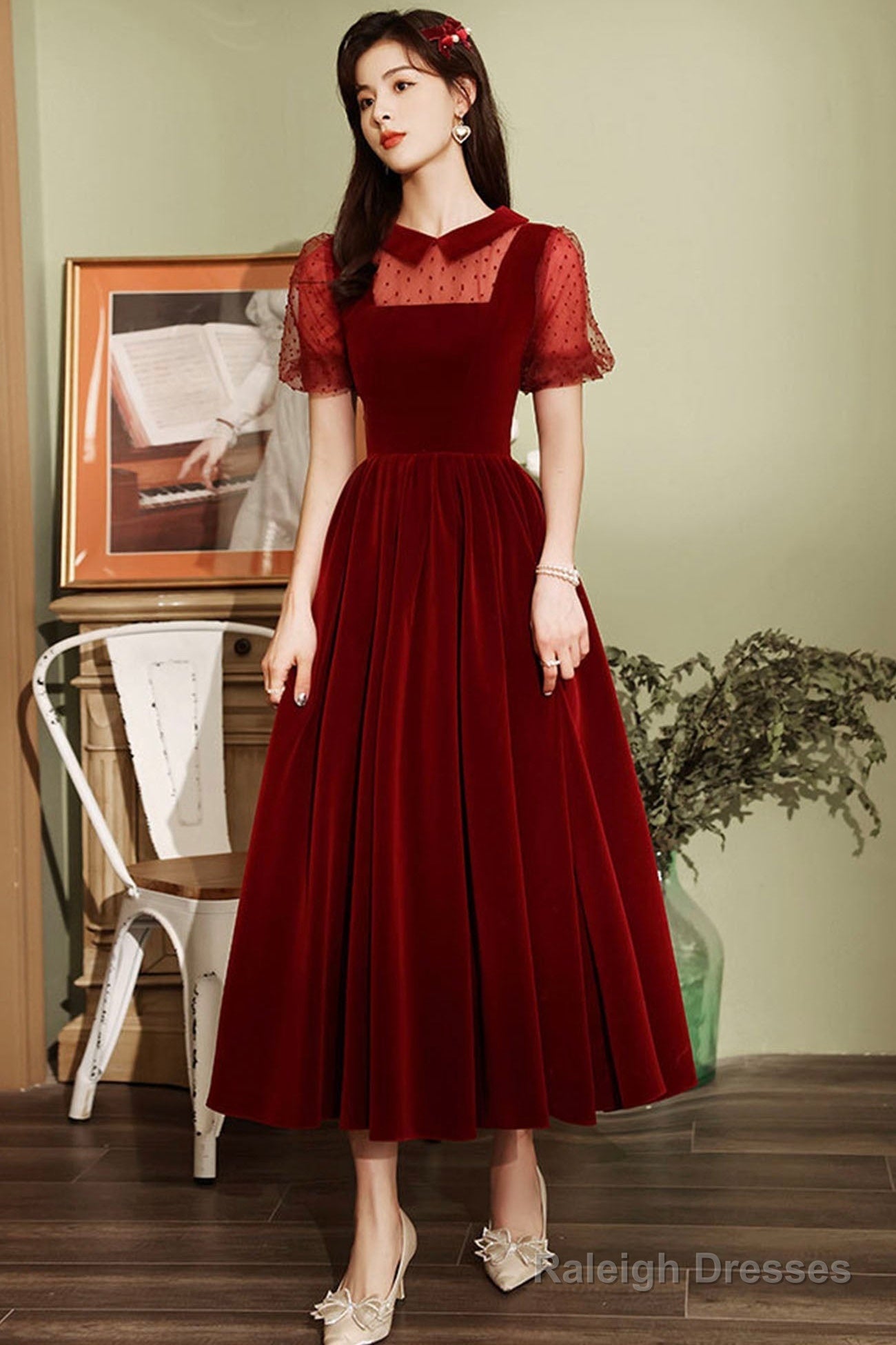 Burgundy Velvet Short Prom Dress, A-Line Homecoming Party Dress Secondary image