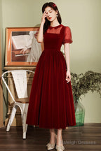 Burgundy Velvet Short Prom Dress, A-Line Homecoming Party Dress
