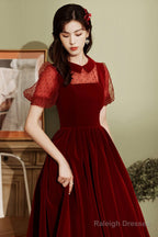 Burgundy Velvet Short Prom Dress, A-Line Homecoming Party Dress