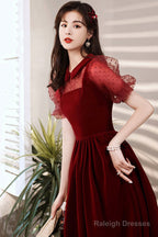 Burgundy Velvet Short Prom Dress, A-Line Homecoming Party Dress