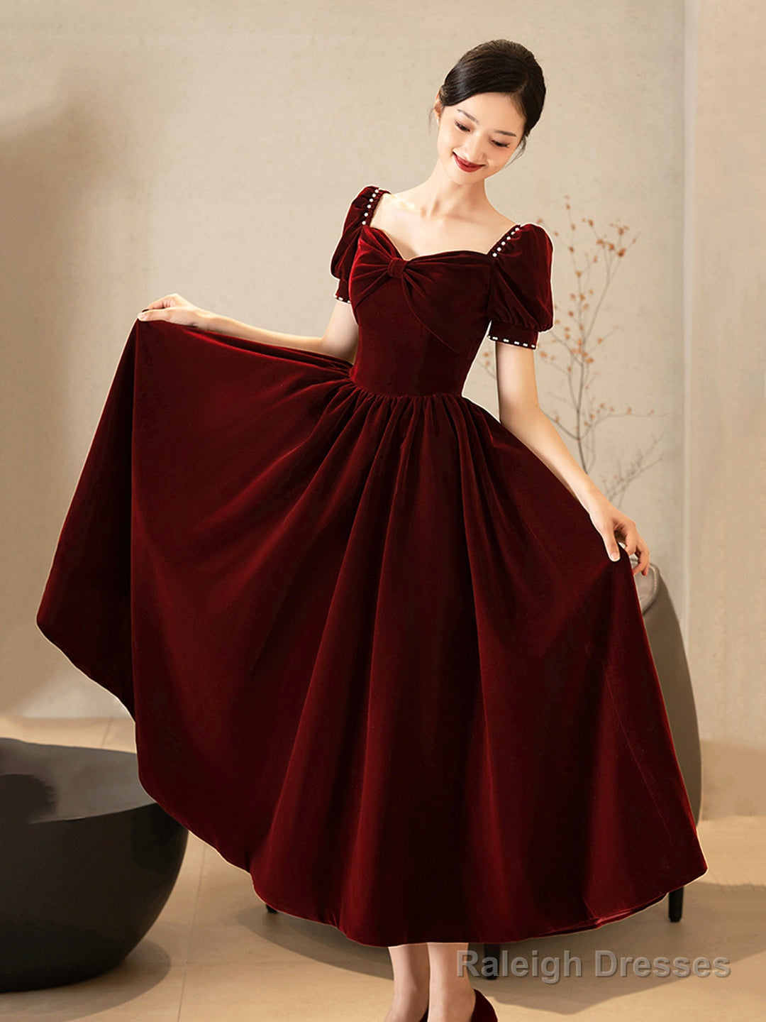 Burgundy Velvet Short Prom Dress, A-Line Short Sleeve Party Dress Secondary image