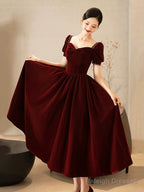 Burgundy Velvet Short Prom Dress, A-Line Short Sleeve Party Dress