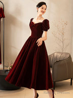 Burgundy Velvet Short Prom Dresses A-Line Short Sleeve Prom Dresses