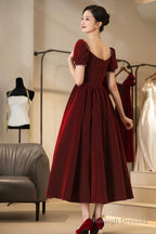 Burgundy Velvet Short Prom Dresses A-Line Short Sleeve Prom Dresses
