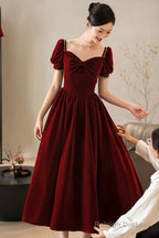 Burgundy Velvet Short Prom Dresses A-Line Short Sleeve Prom Dresses