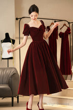 Burgundy Velvet Short Prom Dresses A-Line Short Sleeve Prom Dresses