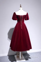 Burgundy Velvet Short Prom Dress, Cute A-Line Party Dress