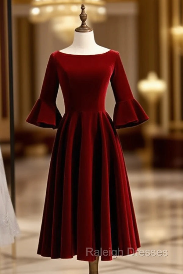 Burgundy Velvet Short Sleeve Bateau Neck Short Prom Dress Main image