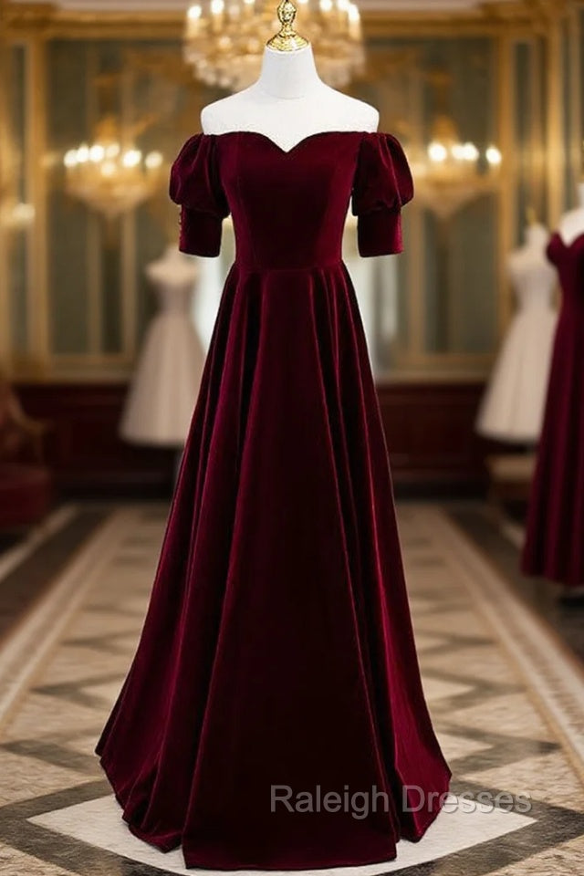Burgundy Velvet Short Sleeve Long Prom Dress Main image
