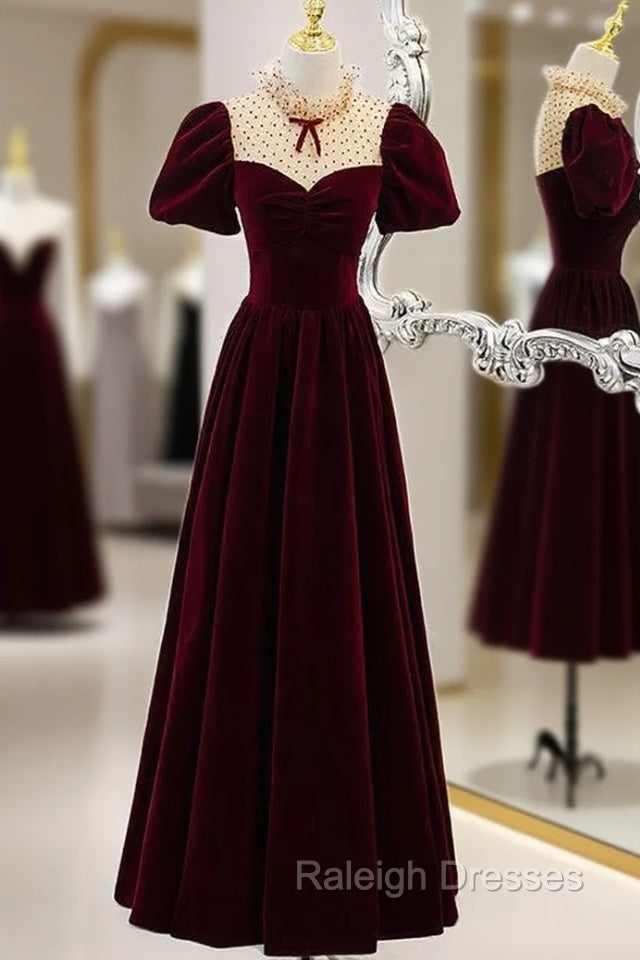 Burgundy Velvet Short Sleeve Prom Dress Main image