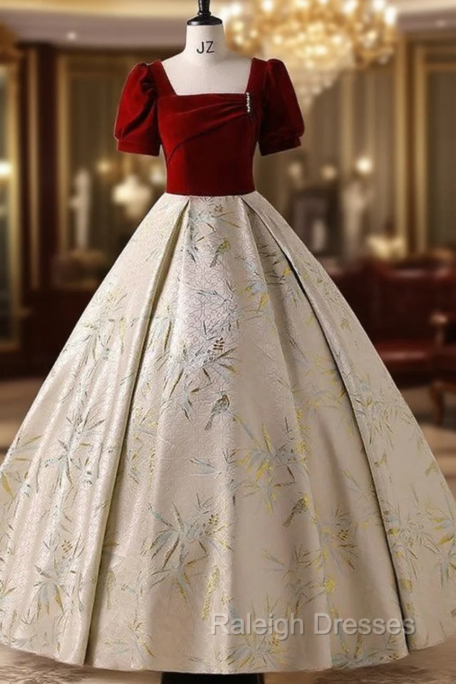 Burgundy Velvet Short Sleeve Quinceanera Dress Main image