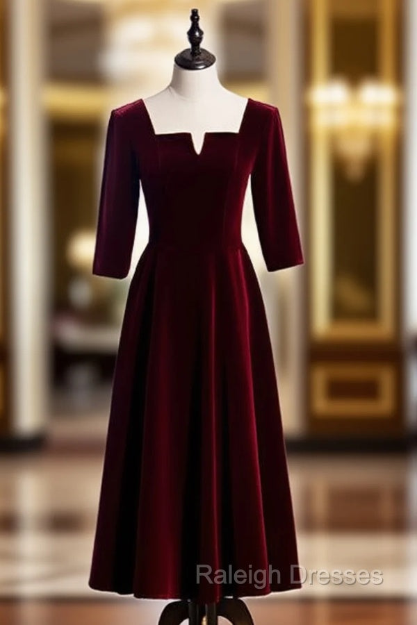 Burgundy Velvet Short Sleeve Square Tea Length Prom Dress Main image
