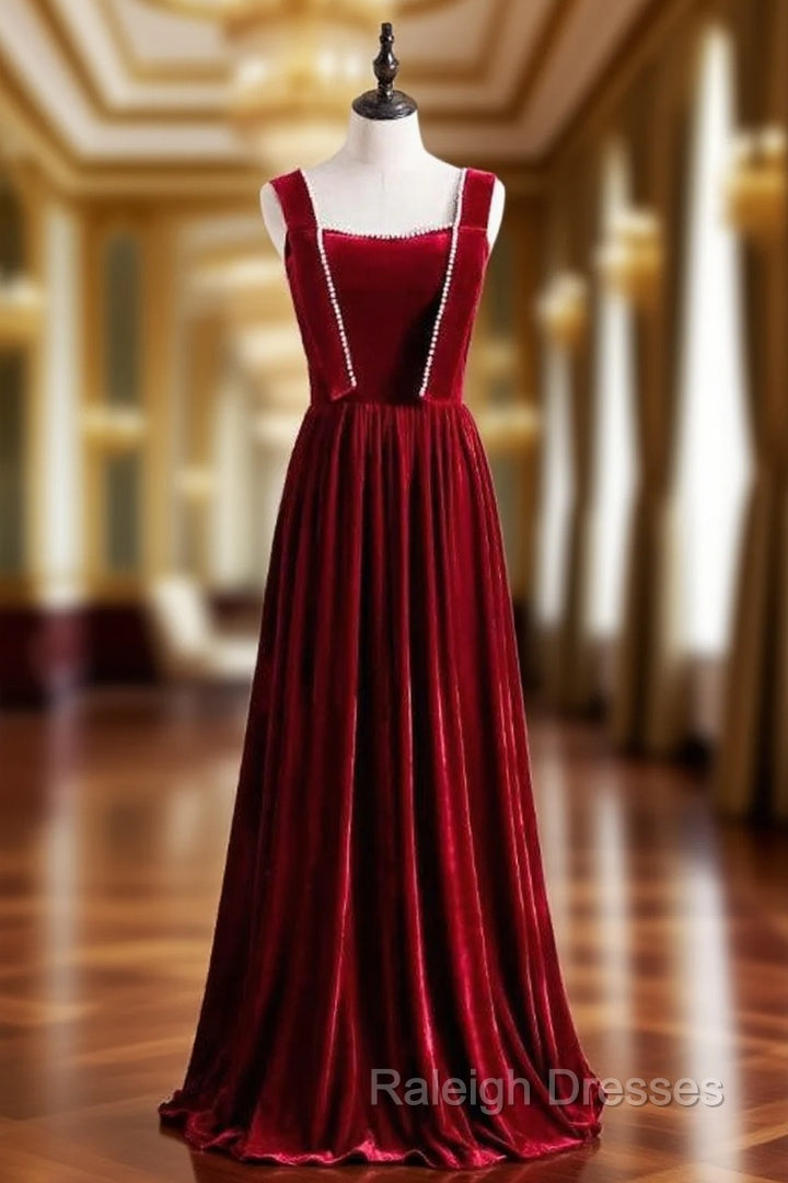 Burgundy Velvet Sleeveless Pearls Long Prom Dress Main image