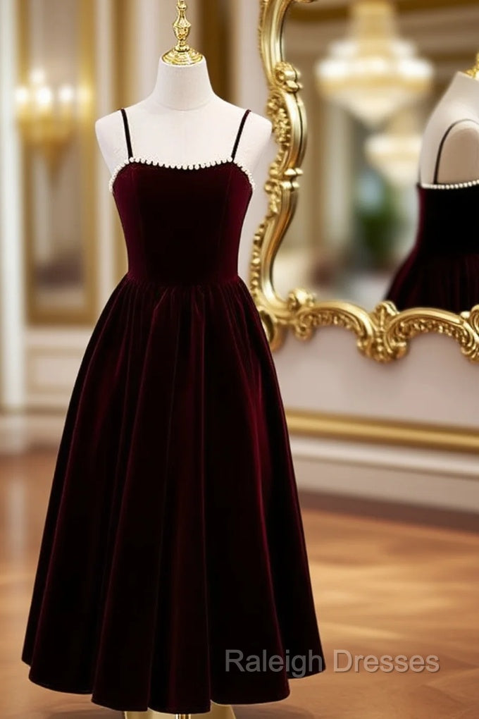 Burgundy Velvet Spaghetti Straps Pearls Prom Dress Main image