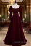 Burgundy Velvet Square Bow Long Sleeve Prom Dress