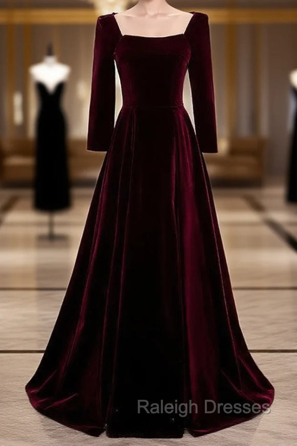 Burgundy Velvet Square Long Sleeve Long Prom Dress