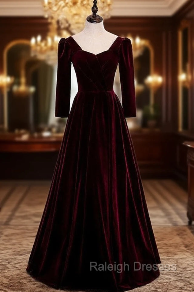 Burgundy Velvet Square Long Sleeve Prom Dress
