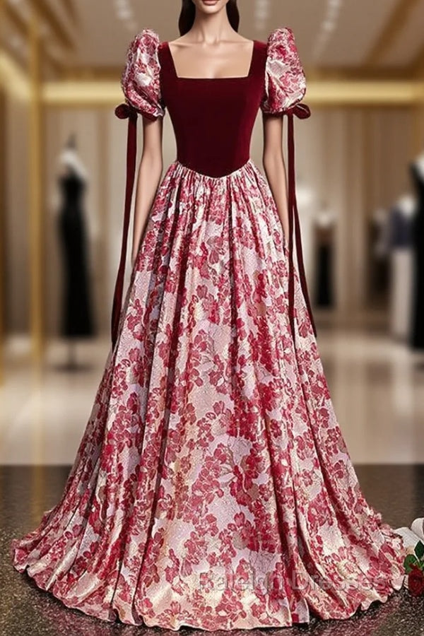 Burgundy Velvet Square Neck Puff Sleeve Prom Dress