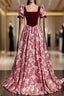 Burgundy Velvet Square Neck Puff Sleeve Prom Dress