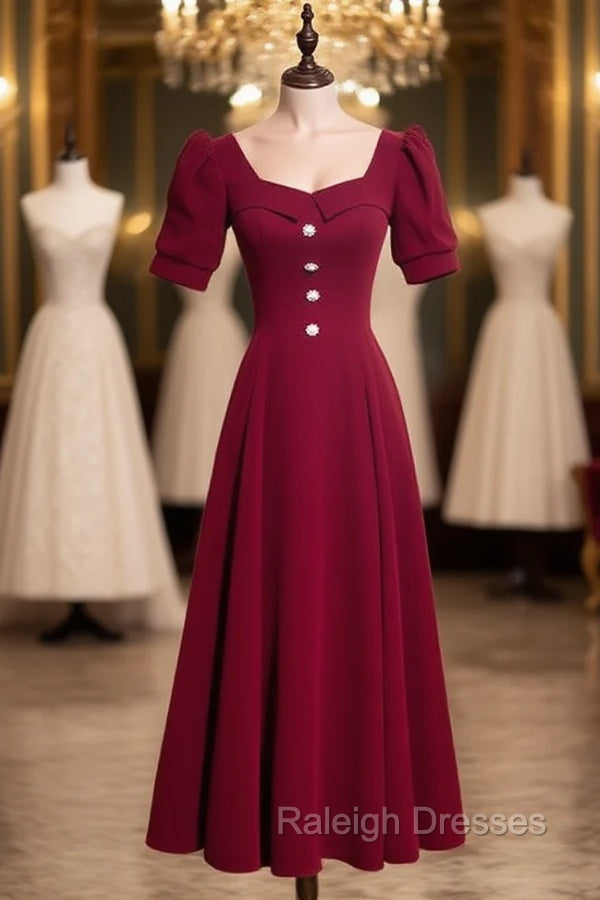 Burgundy Velvet Square Puff Sleeve Prom Dress Main image