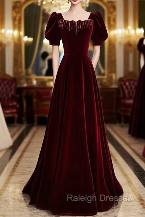 Burgundy Velvet Square Short Sleeve Beading Prom Dress
