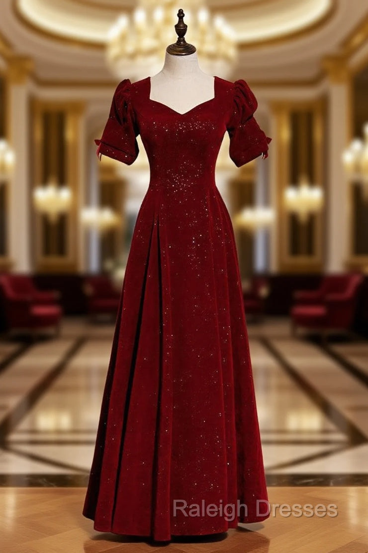 Burgundy Velvet Square Short Sleeve Long Prom Dress Main image