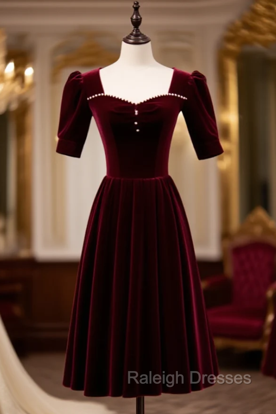 Burgundy Velvet Square Short Sleeve Pearls Prom Dress Main image