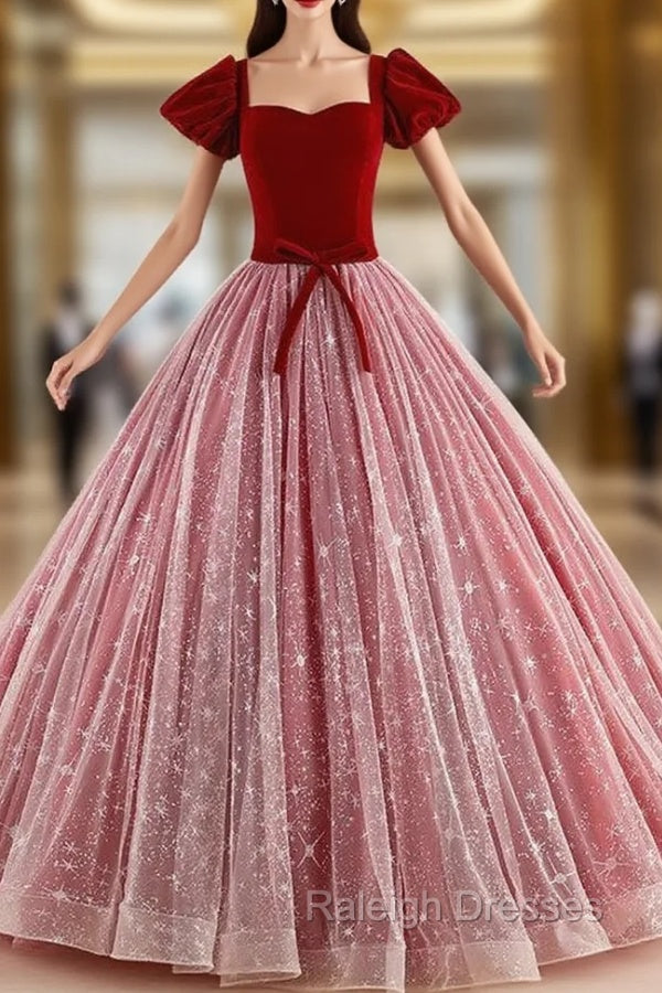 Burgundy Velvet Square Short Sleeve Quinceanera Dress Main image